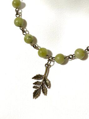 Genuine Fern Green Serpentine Short Necklace, Gemstone & Bronze Leaf Branch